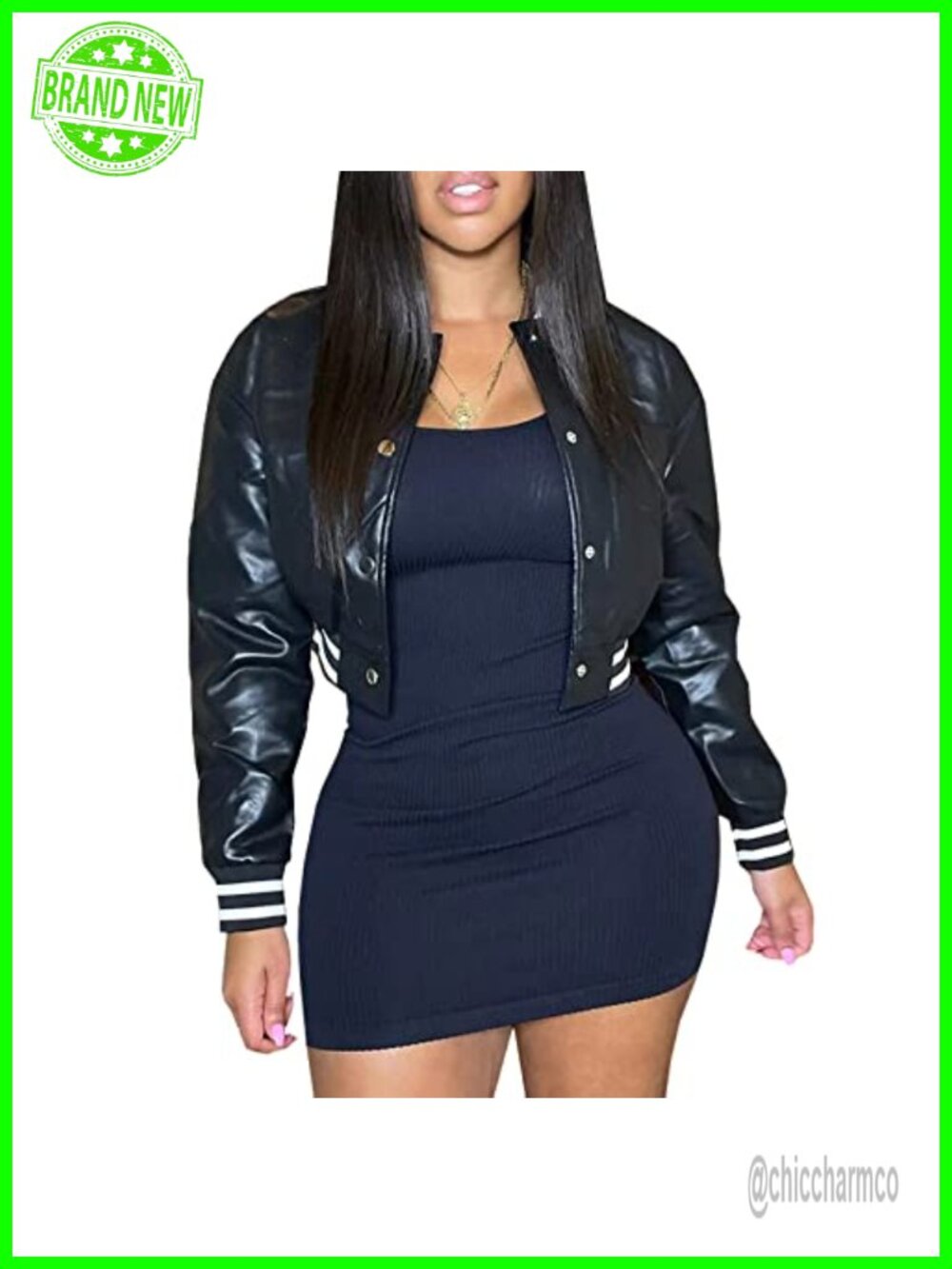 Women's Faux Leather Varsity Jacket Cropped Baseball Bomber